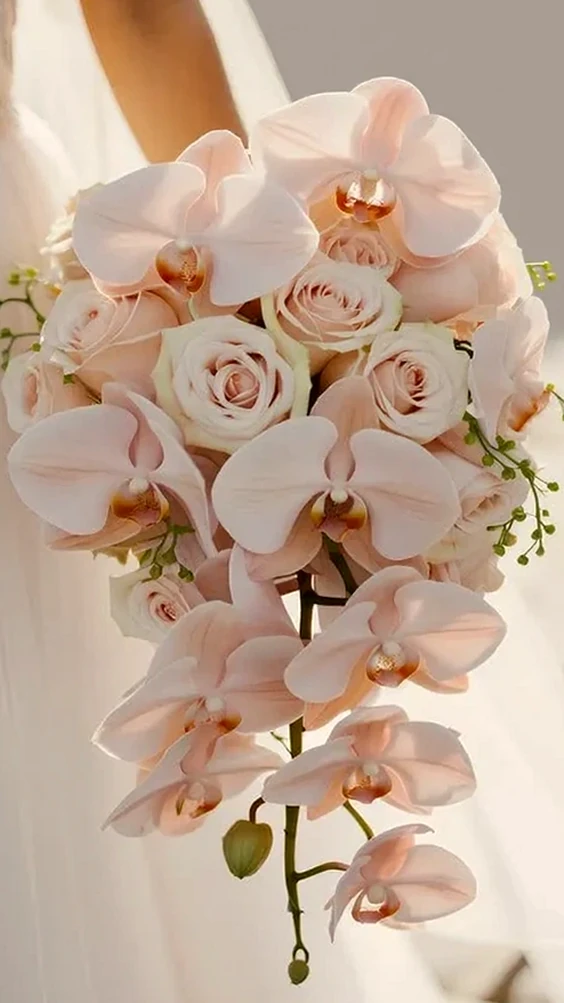 Buquê Cascata de Noiva com Rosas e Orquídeas, imagem ilustrativa