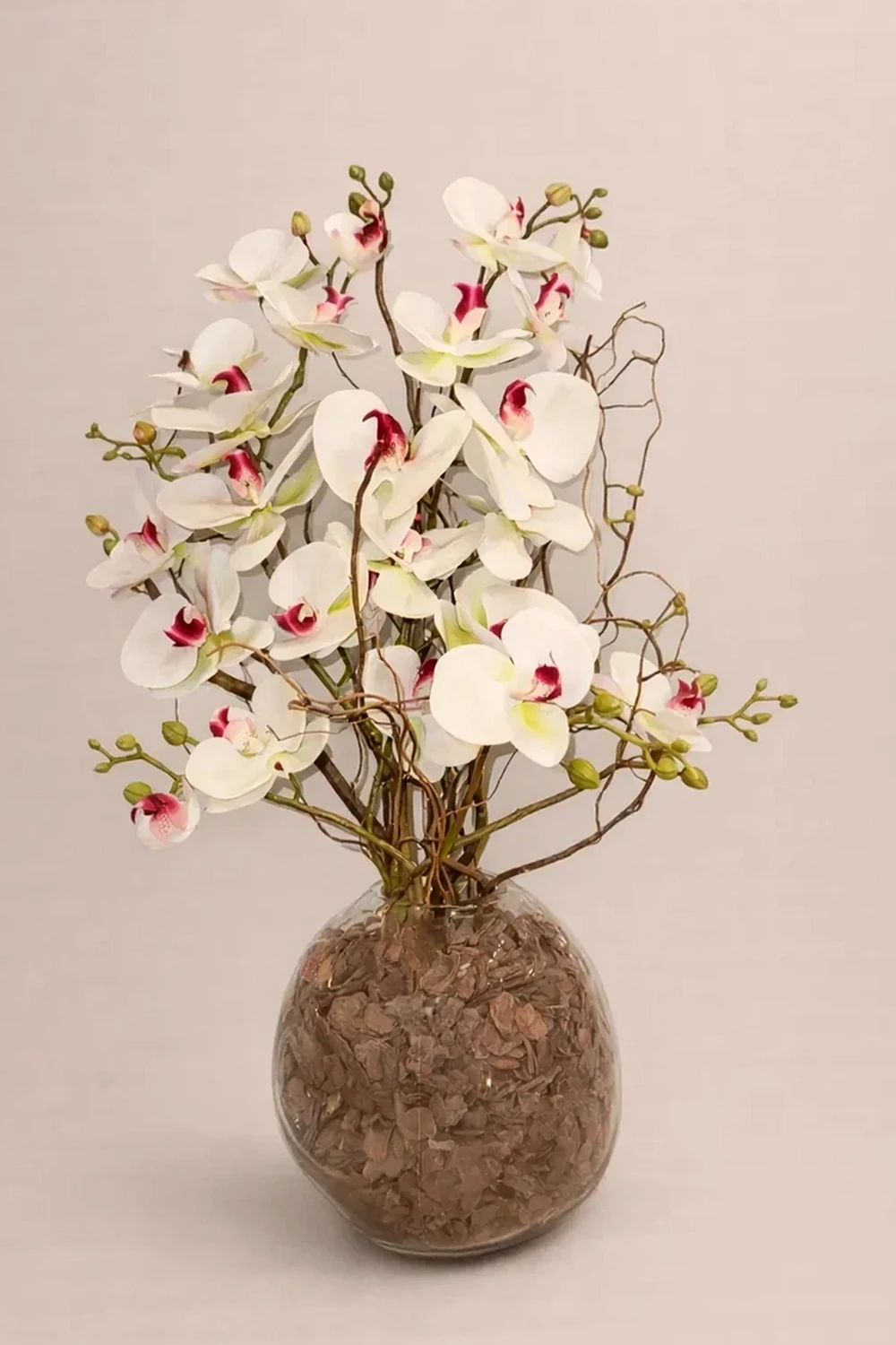 Arranjo Artificial de Orquídeas Brancas no Vaso de Vidro, imagem ilustrativa