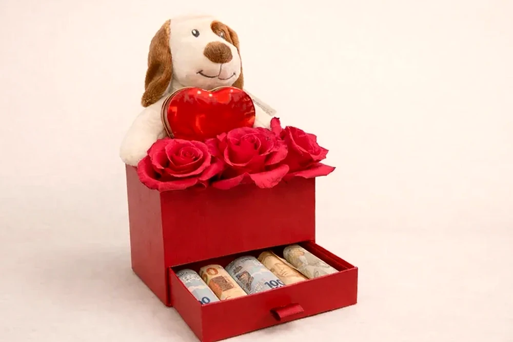 Caixa Presente com Rosas, Pelúcia, Chocolate e Dinheiro, imagem ilustrativa