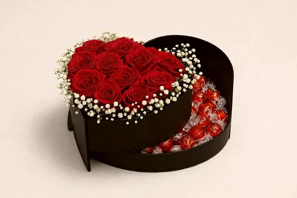 Caixa Coração Dupla com Rosas Vermelhas e Chocolates Lindt – Exclusiva, imagem ilustrativa