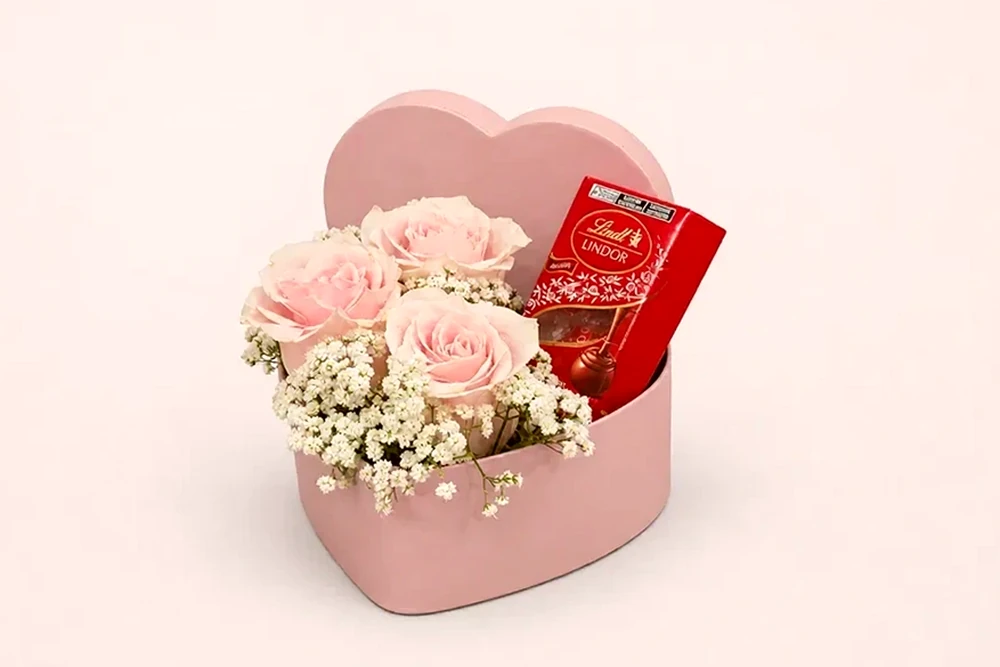 Box Coração com Rosas Rosas e Chocolate Lindt, imagem ilustrativa