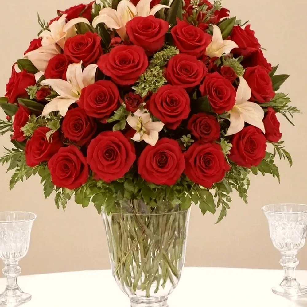 Arranjo de Rosas Vermelhas e Lírios - Símbolo de Elegância, imagem ilustrativa