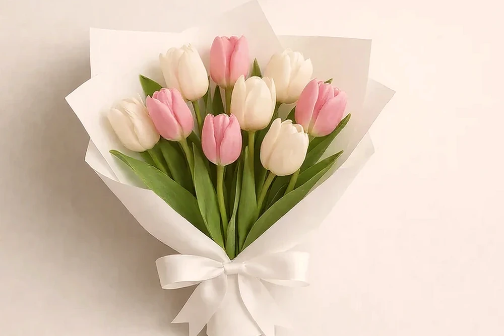 Buquê de Tulipas Brancas e Rosas com Embalagem Branca Luxuosa, imagem ilustrativa