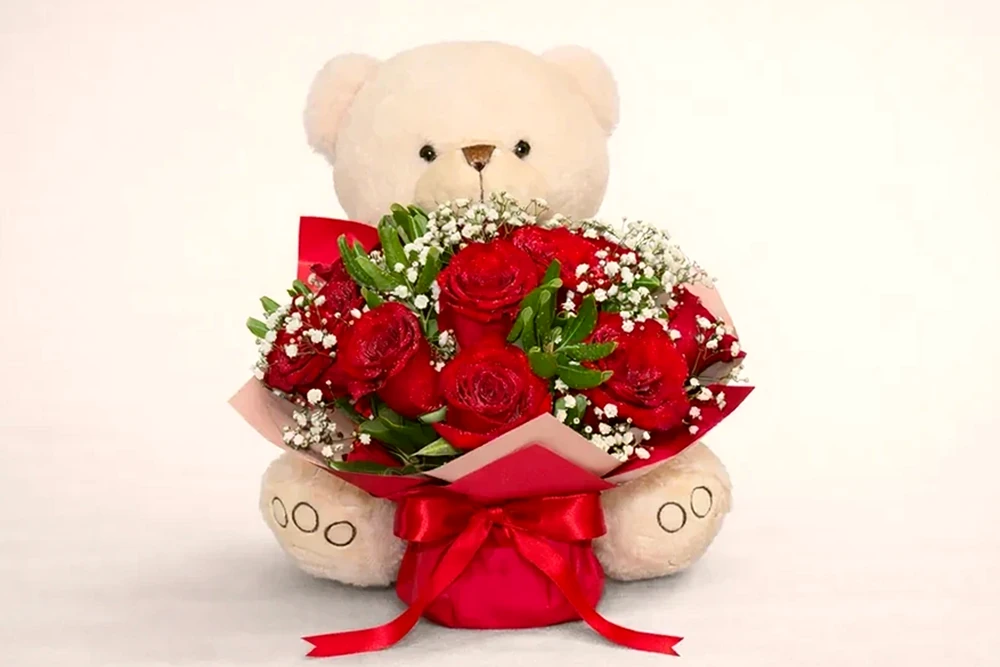 Ursinho com Buquê de 10 Rosas Vermelhas, imagem ilustrativa