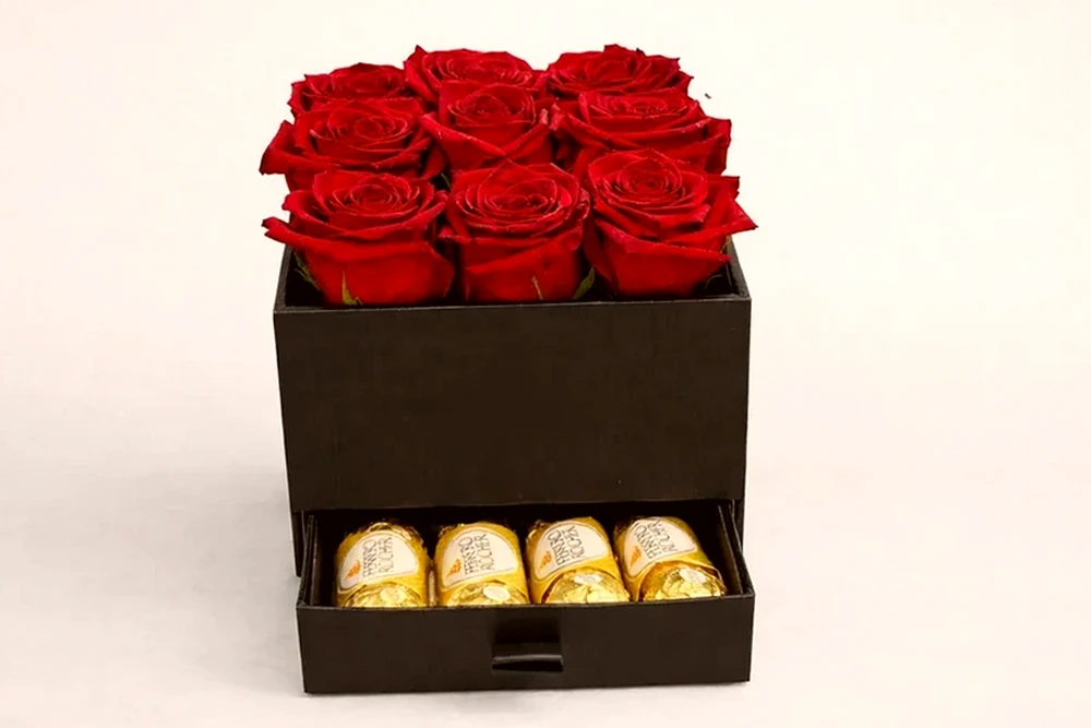 Caixa Luxo com 9 Rosas Vermelhas e Ferrero Rocher, imagem ilustrativa